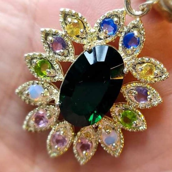 Sterling Silver Multi Gem Pendant with Big Dark Green Center - Picture 1 of 8